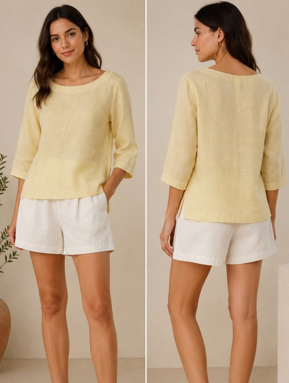 Martha Stewart Collection Women's Three-Quarter Sleeve Linen Blouse - Soft Yello